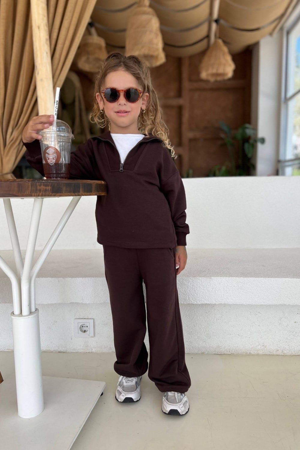 Unisex 3 İplik Balıkçı Yaka Fermuarlı Kahve Takım