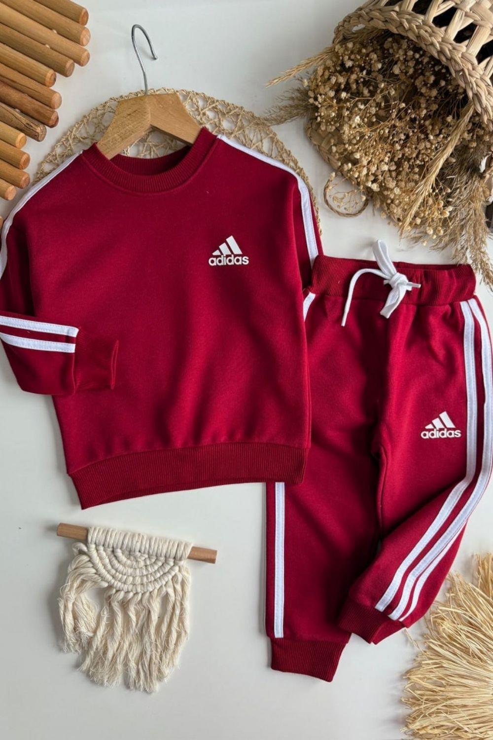 Unisex 3 İplik Bordo Çizgili Adids Takım