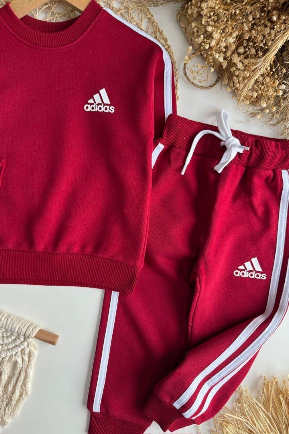 Unisex 3 İplik Bordo Çizgili Adids Takım