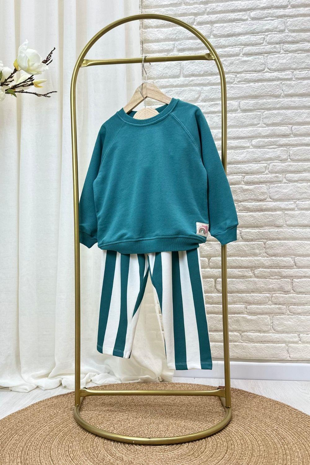 Unisex 3 İplik Çizgili Yeşil Takım