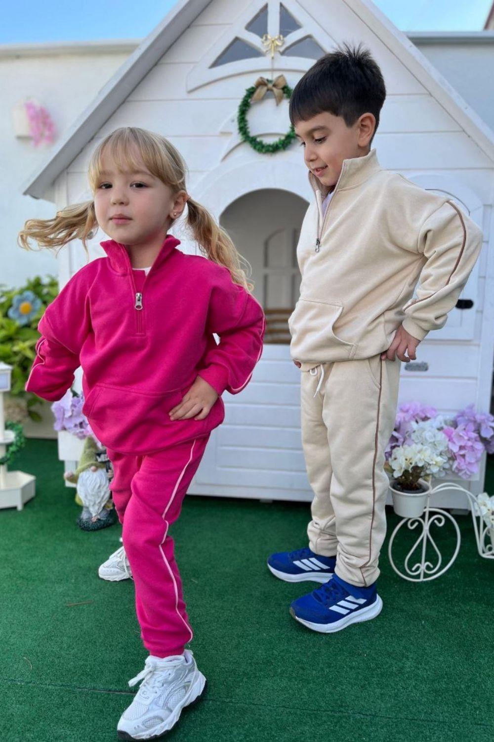 Unisex 3 İplik Dik Yaka Fermuarlı Bej Takım