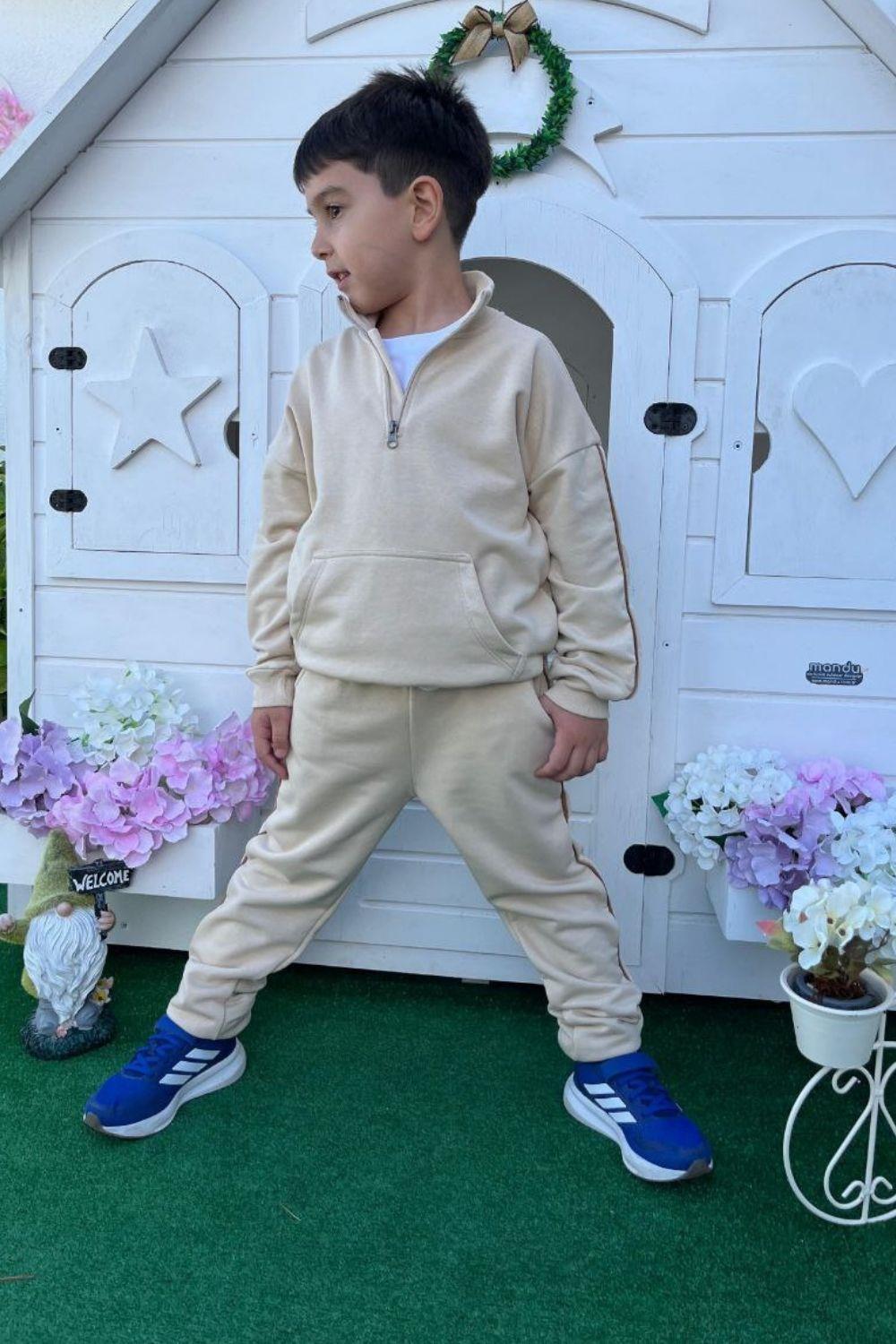 Unisex 3 İplik Dik Yaka Fermuarlı Bej Takım