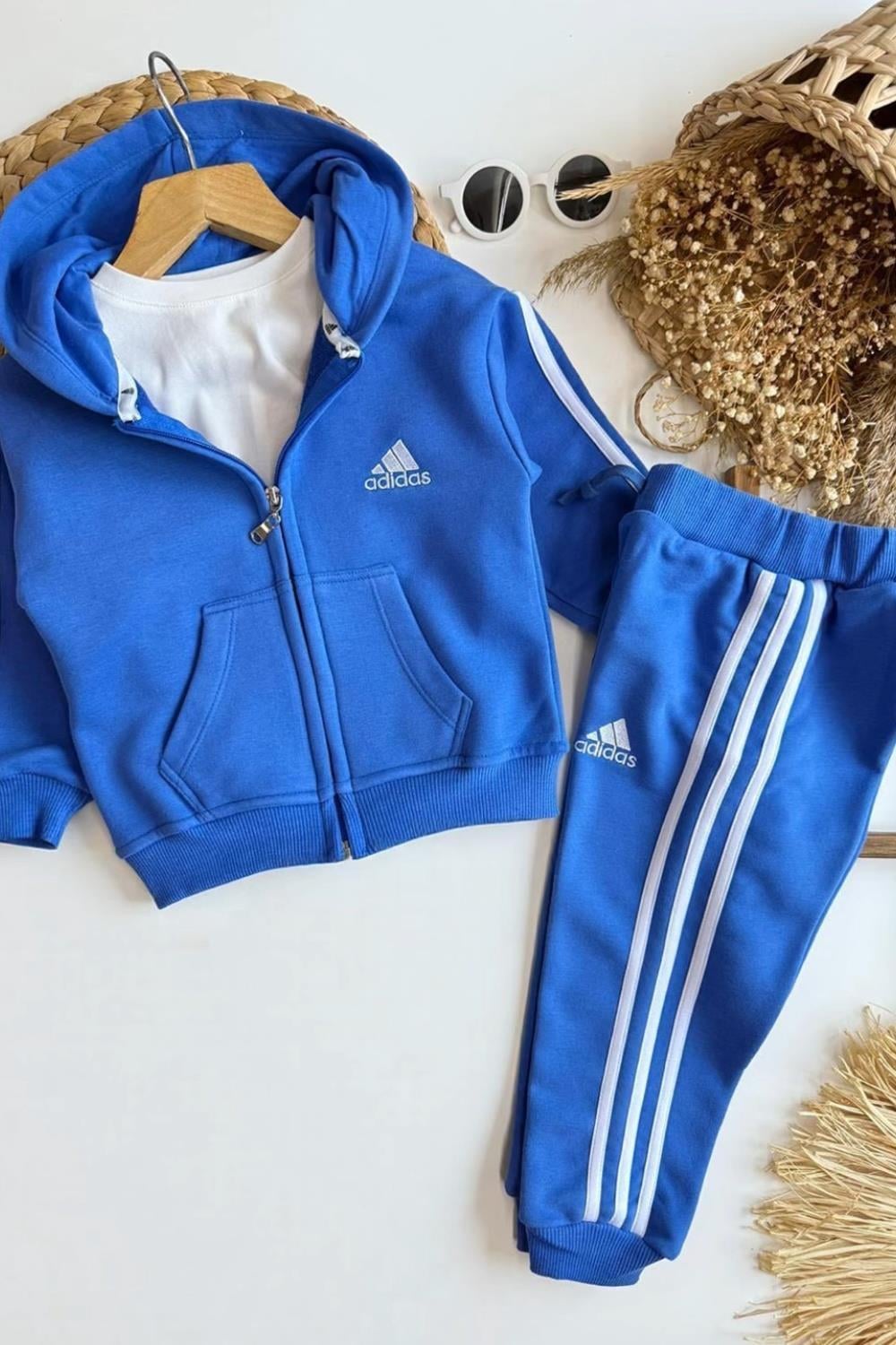 Unisex 3 İplik Fermuarlı Adids Mavi Takım