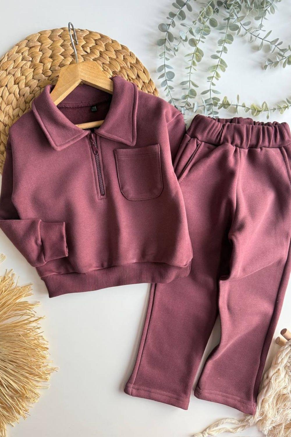 Unisex 3 İplik Fermuarlı Gömlek Yaka Bordo Takım