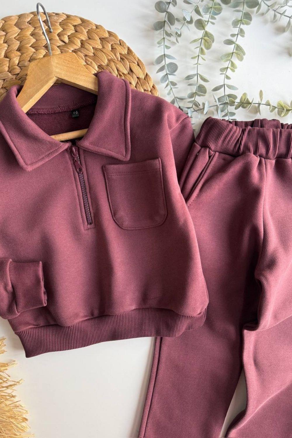 Unisex 3 İplik Fermuarlı Gömlek Yaka Bordo Takım