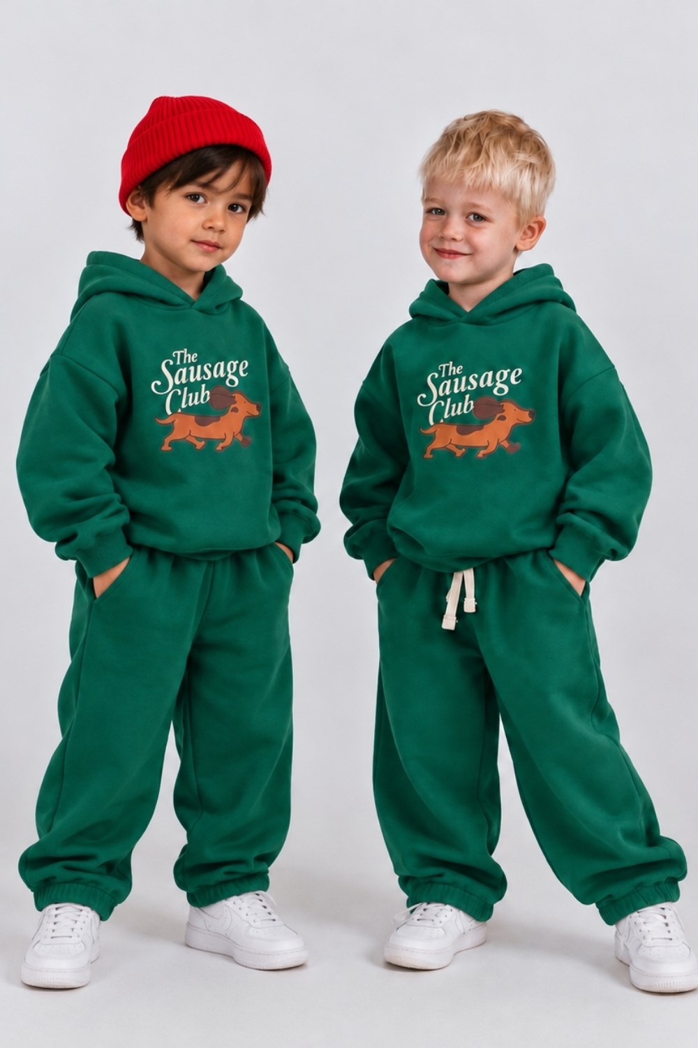 Unisex  3 İplik Kapüşonlu Dog Baskı Yeşil Takım