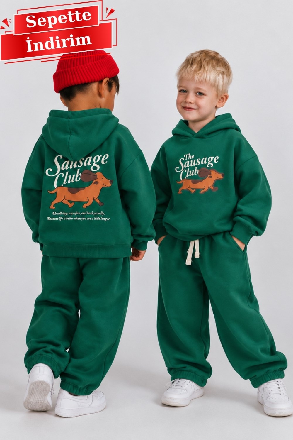 Unisex  3 İplik Kapüşonlu Dog Baskı Yeşil Takım