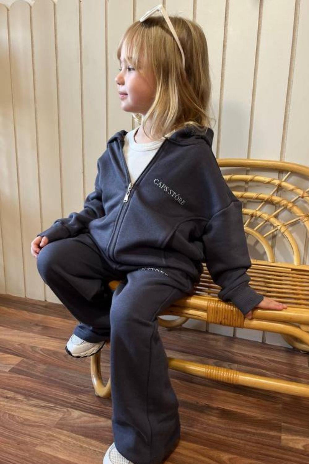 Unisex 3 İplik Kapüşonlu Fermuarlı Antrasit İkili Takım