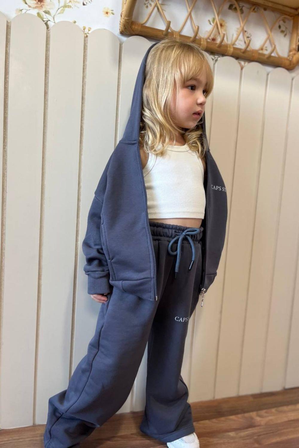 Unisex 3 İplik Kapüşonlu Fermuarlı Antrasit İkili Takım