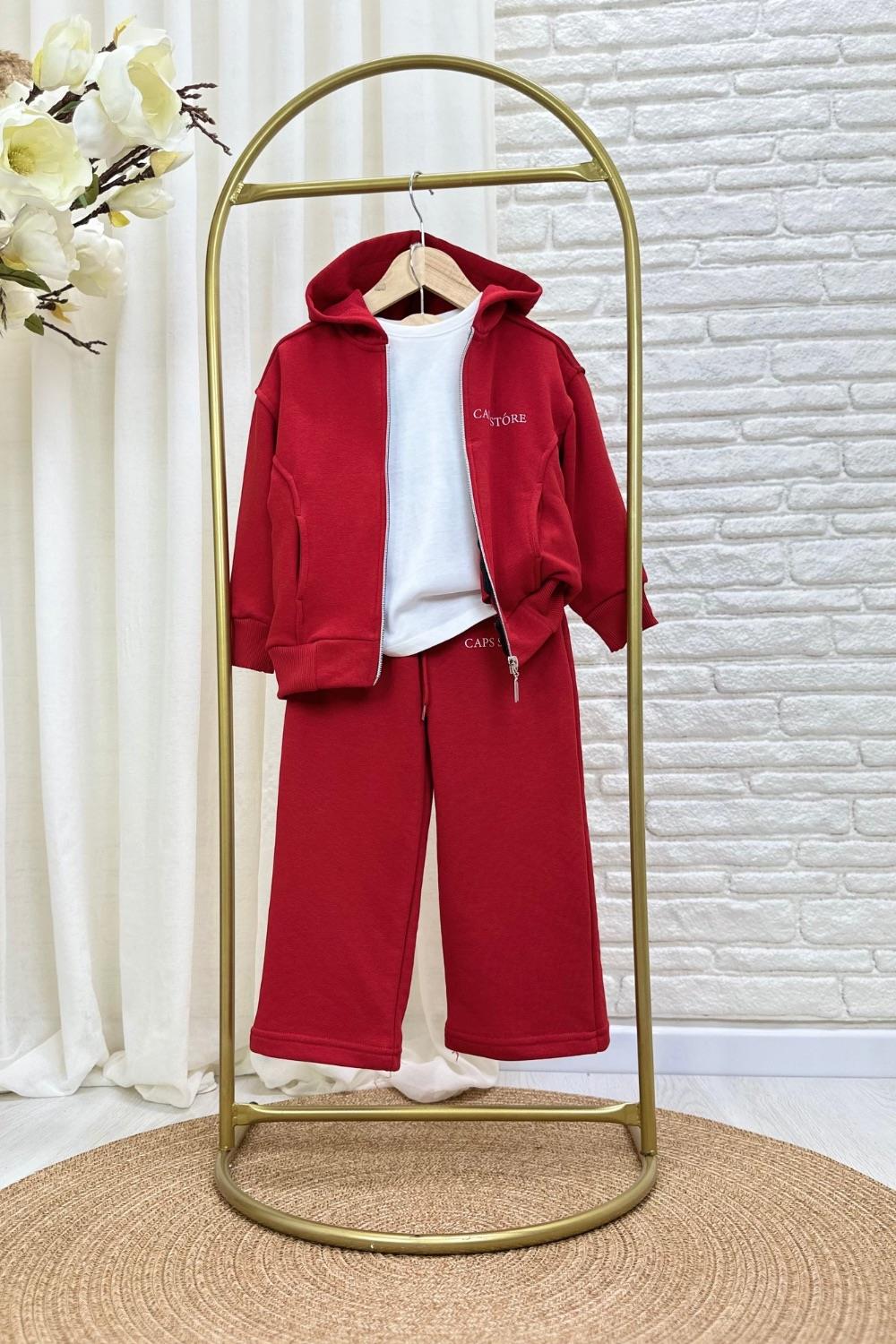 Unisex 3 İplik Kapüşonlu Fermuarlı Kırmızı İkili Takım