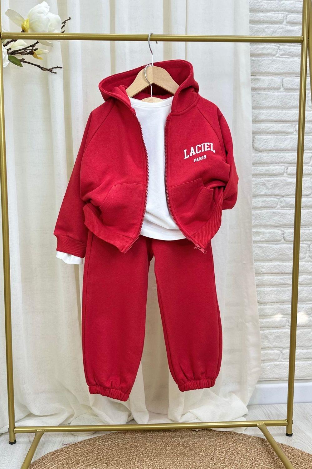 Unisex 3 İplik Kapüşonlu Laciel Fermuarlı Kırmızı Takım