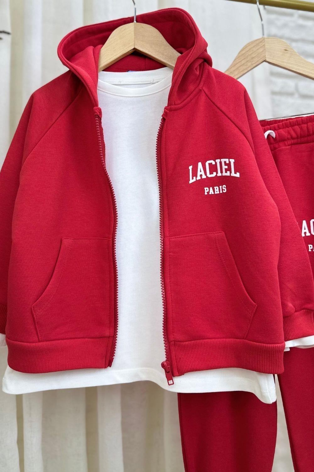 Unisex 3 İplik Kapüşonlu Laciel Fermuarlı Kırmızı Takım