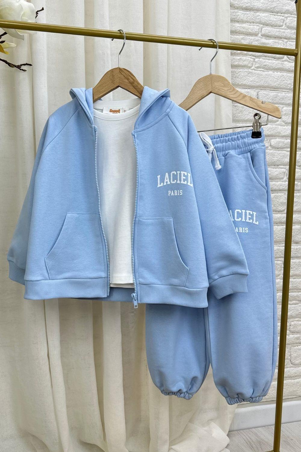 Unisex 3 İplik Kapüşonlu Laciel Fermuarlı Mavi Takım