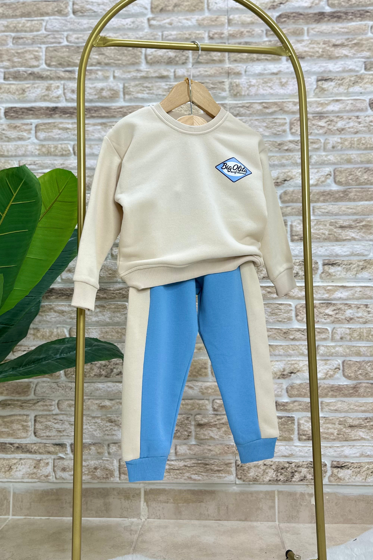 Unisex 3 İplik Krem Mavili Takım