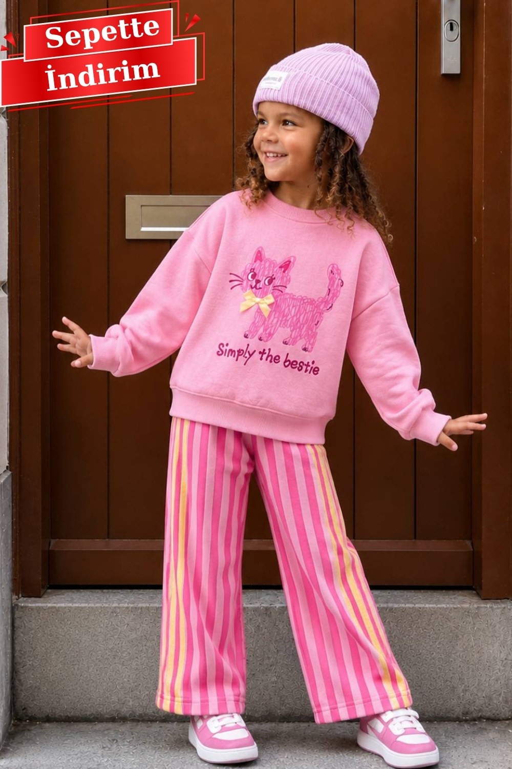 Unisex 3 İplik Simply Cat Pembe Takım