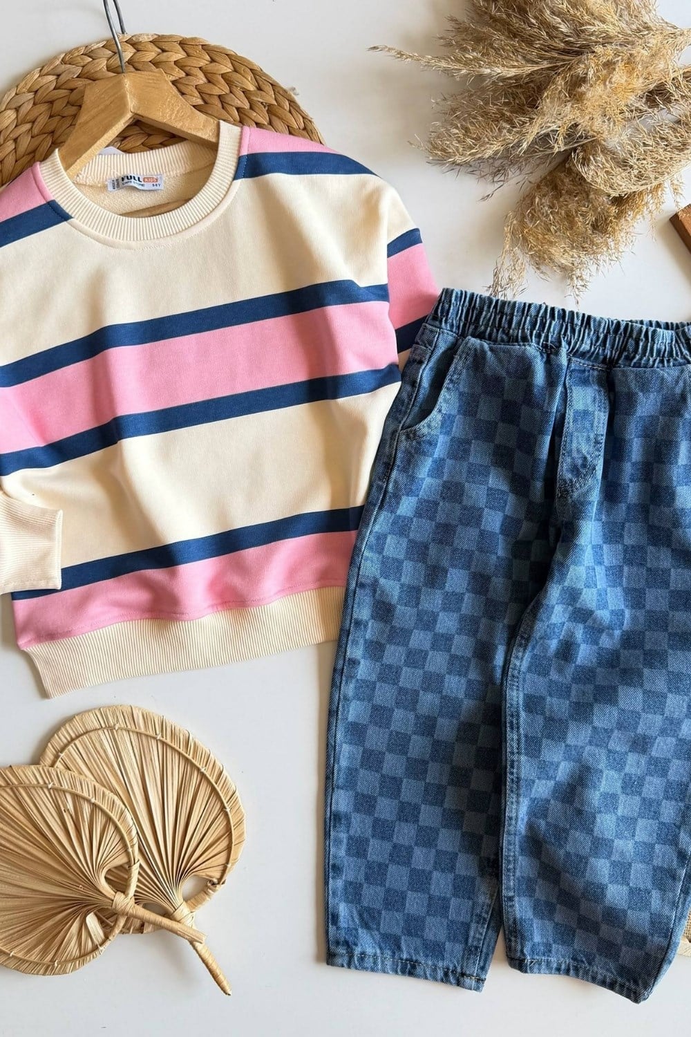 Unisex 3 İplik Sweat & Damalı Jean Pantolon Takım