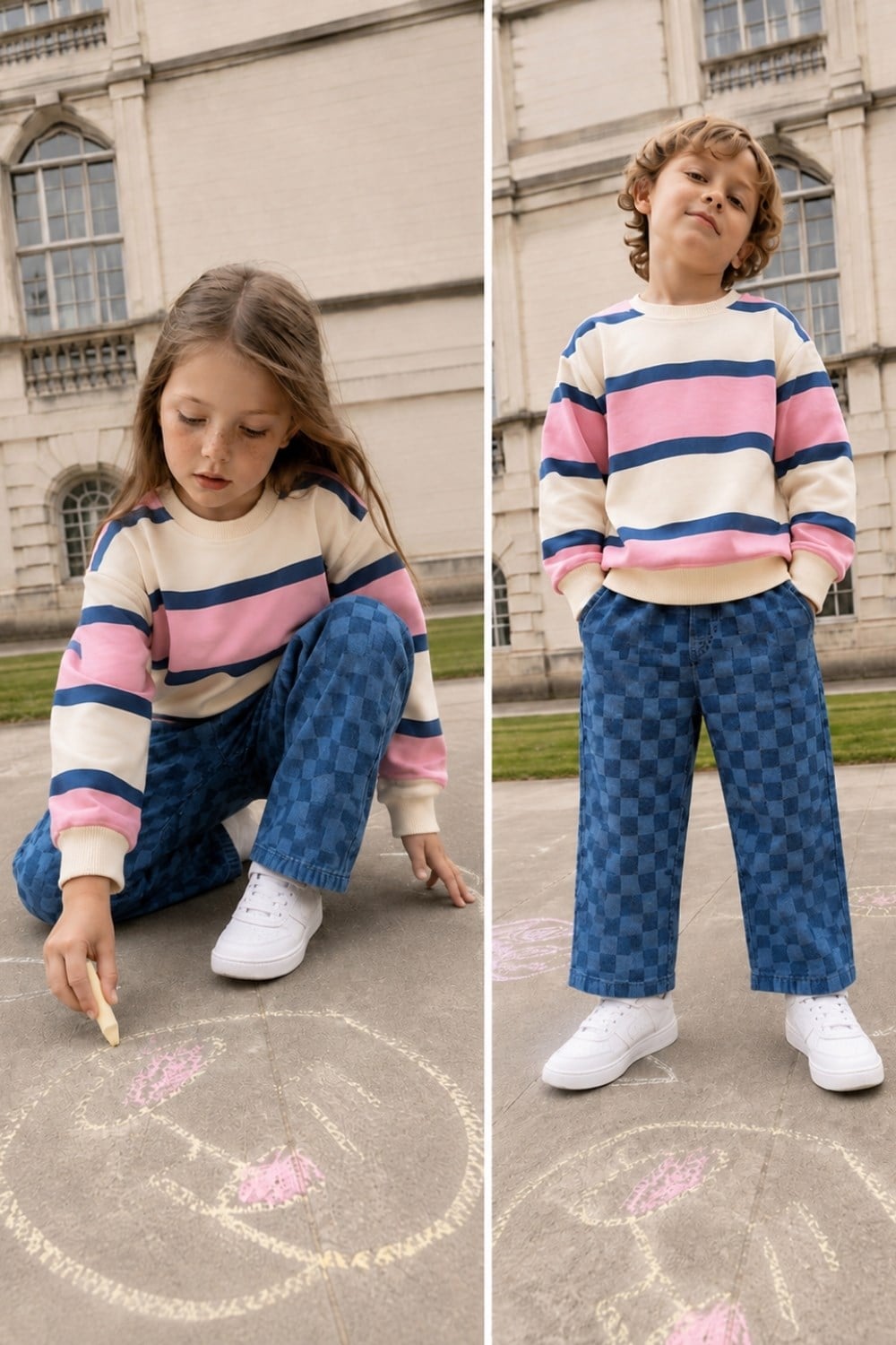 Unisex 3 İplik Sweat & Damalı Jean Pantolon Takım