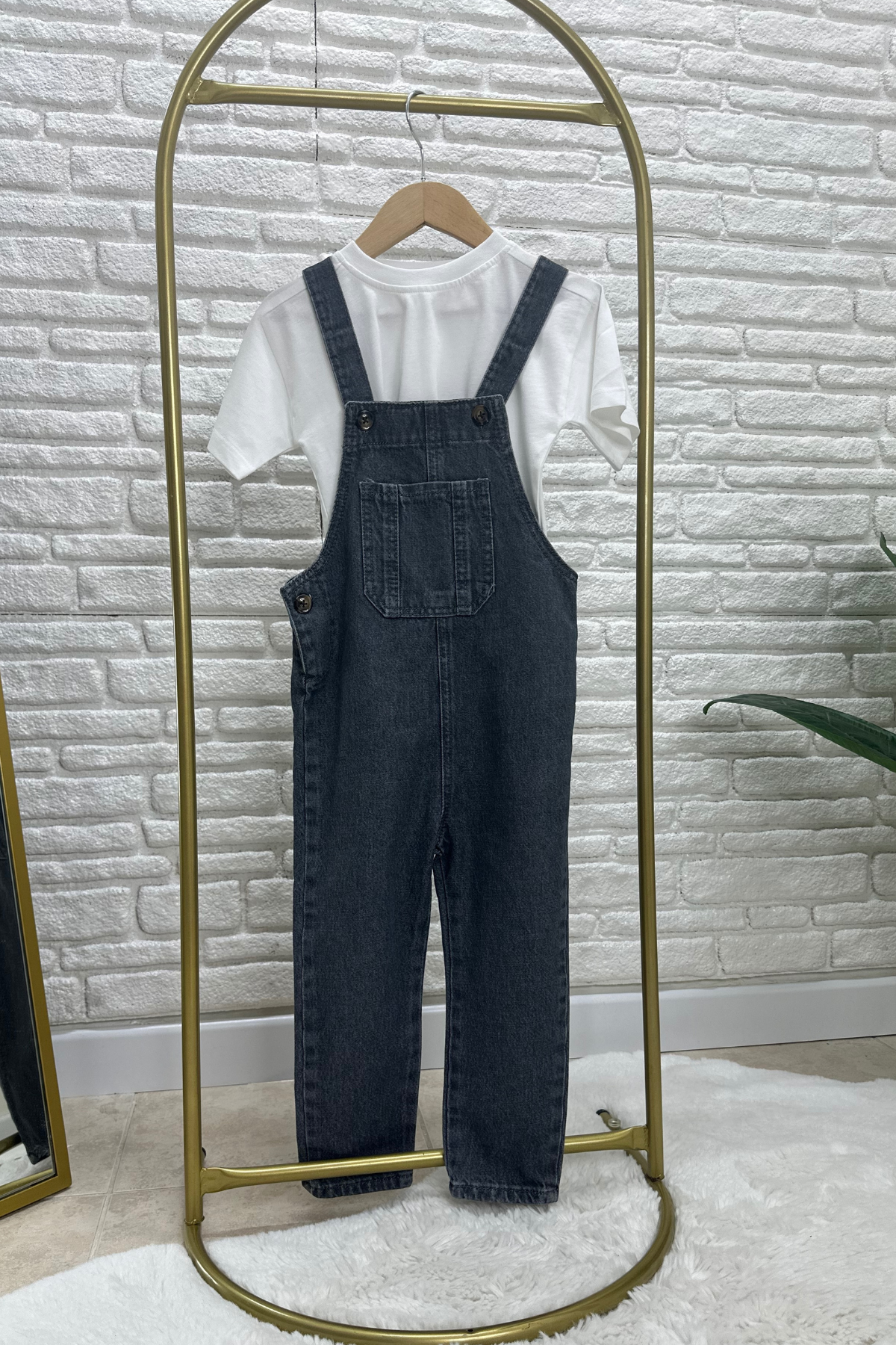 Unisex Antrasit Tshirt Dahil Denim Salopet Takim
