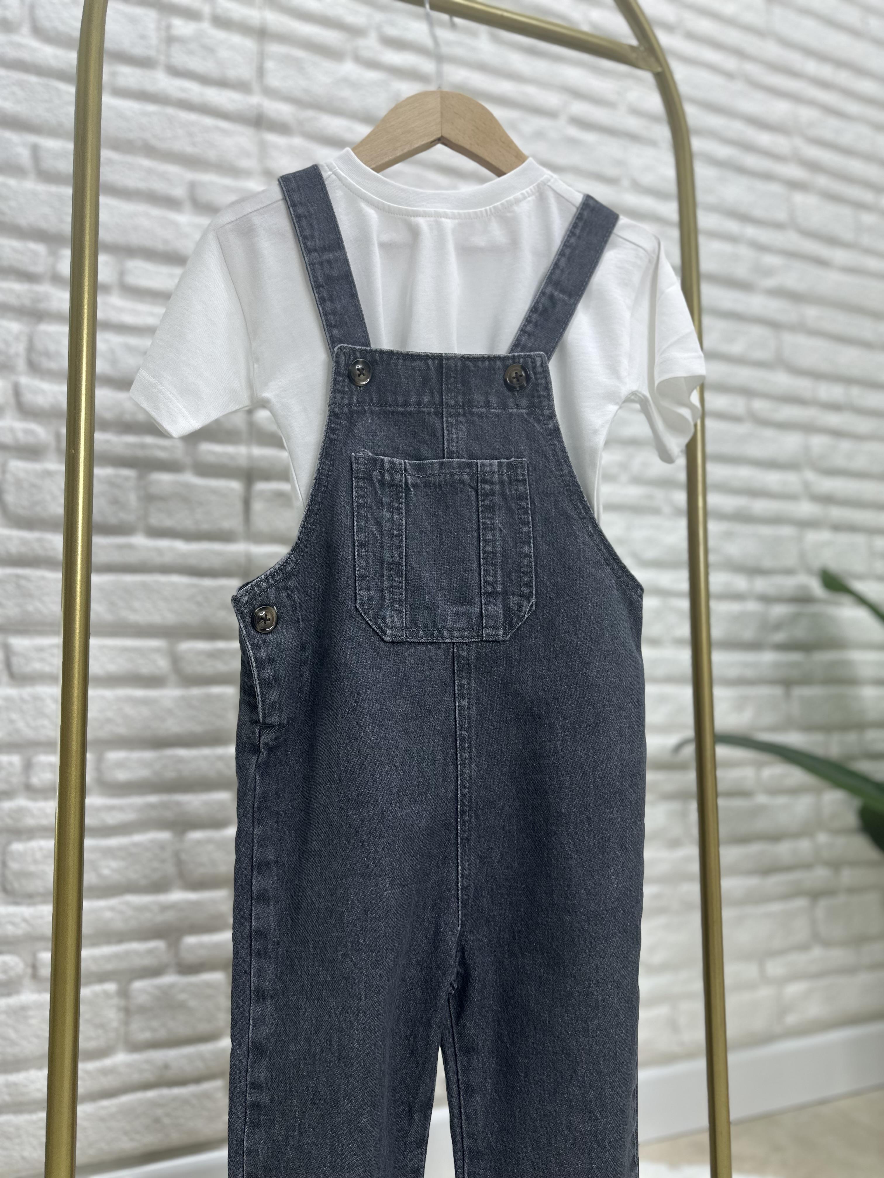 Unisex Antrasit Tshirt Dahil Denim Salopet Takim