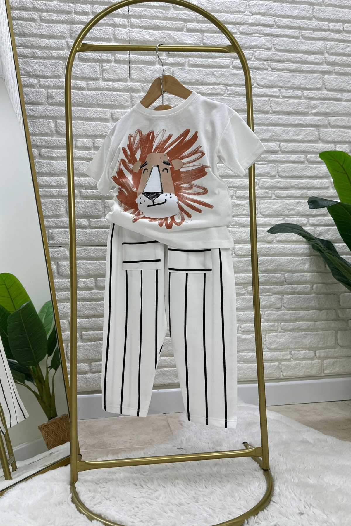 Unisex  Aslanlı Çizgili Cepli İkili Takım