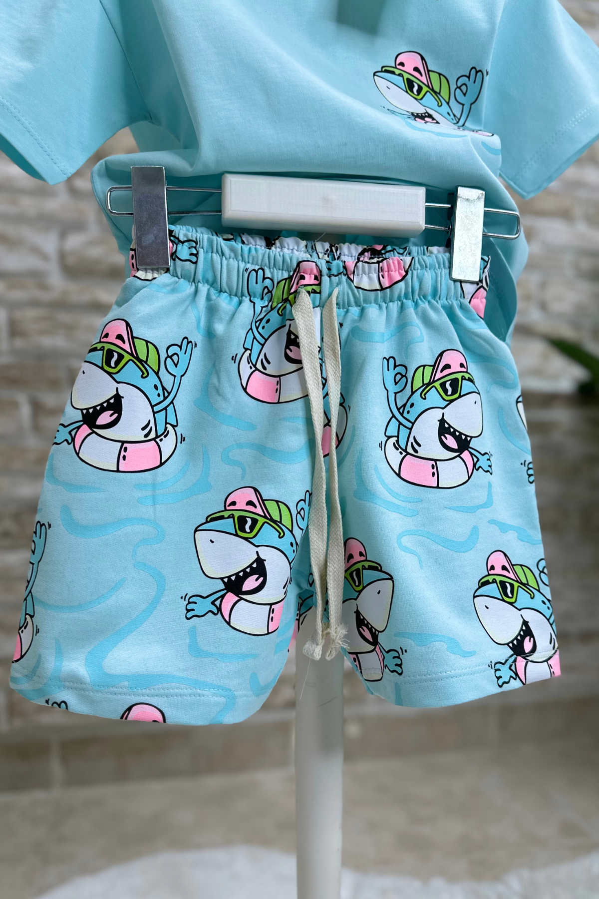 Unisex Balıklı Mavi Şortlu Takım