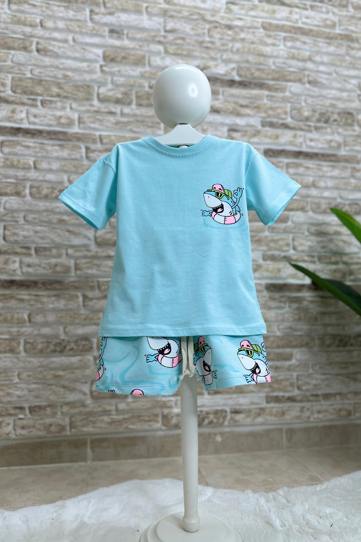 Unisex Balıklı Mavi Şortlu Takım