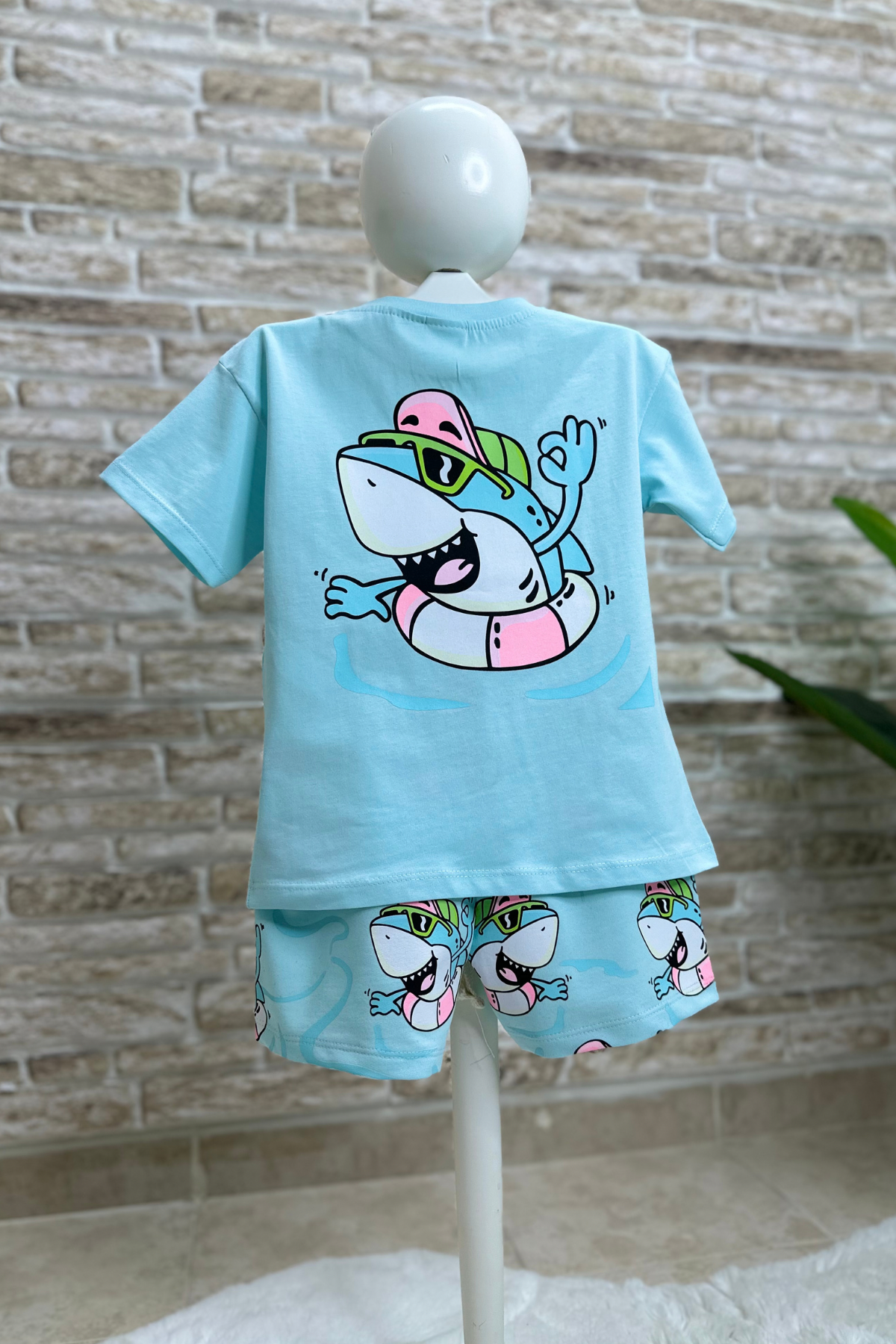 Unisex Balıklı Mavi Şortlu Takım