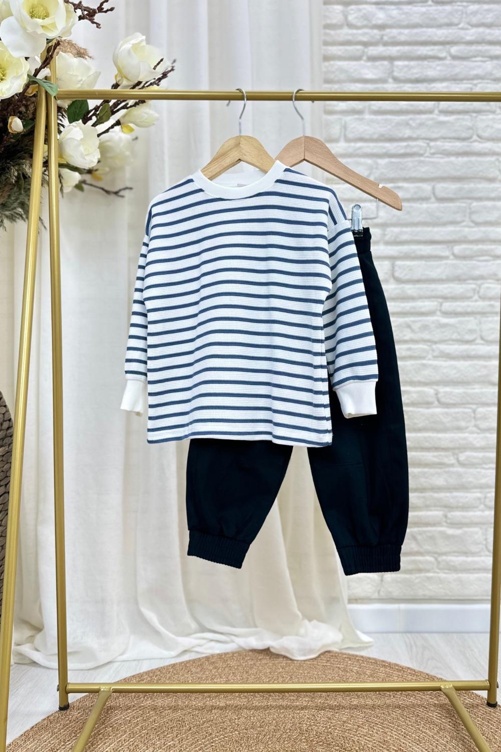 Unisex Basic Çizgili Lacivert Canvas Pantolon Takım