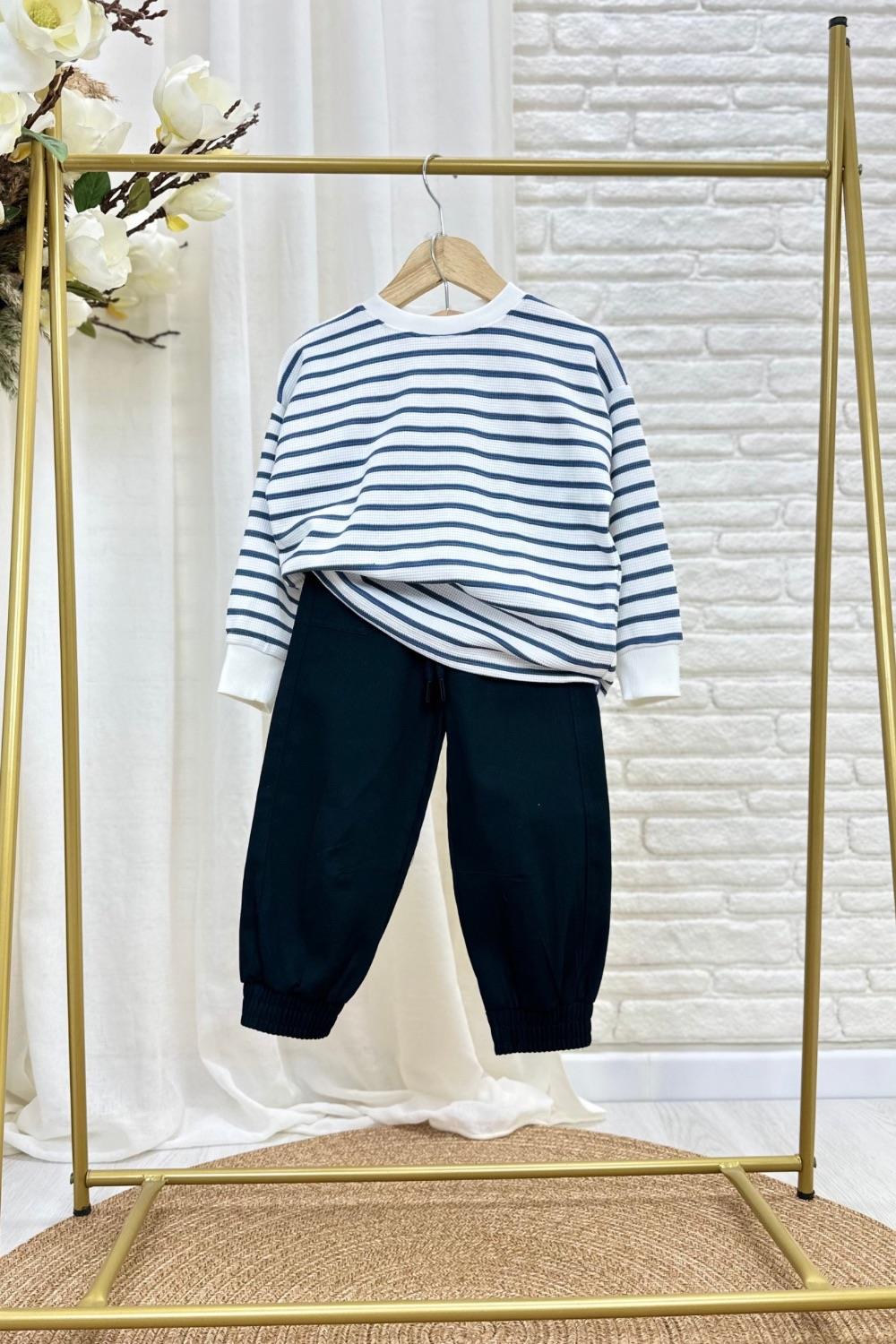 Unisex Basic Çizgili Lacivert Canvas Pantolon Takım