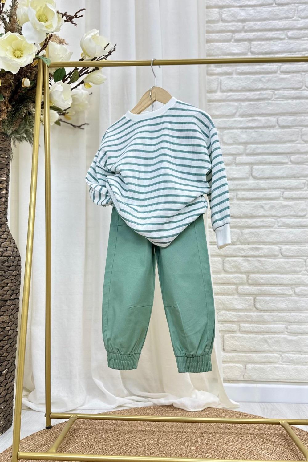 Unisex Basic Çizgili Yeşil Canvas Pantolon Takım