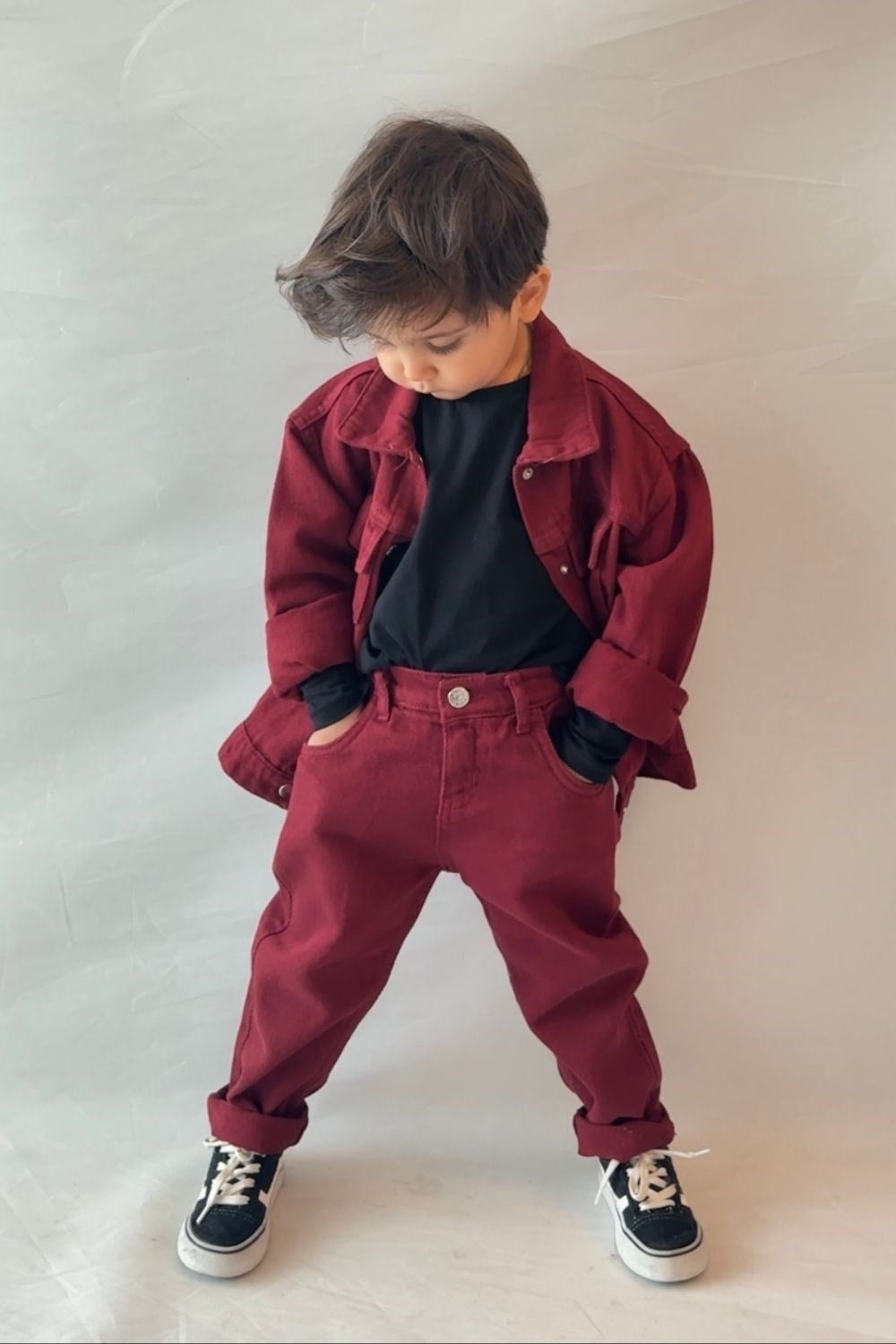 Unisex Bordo Denim Takım