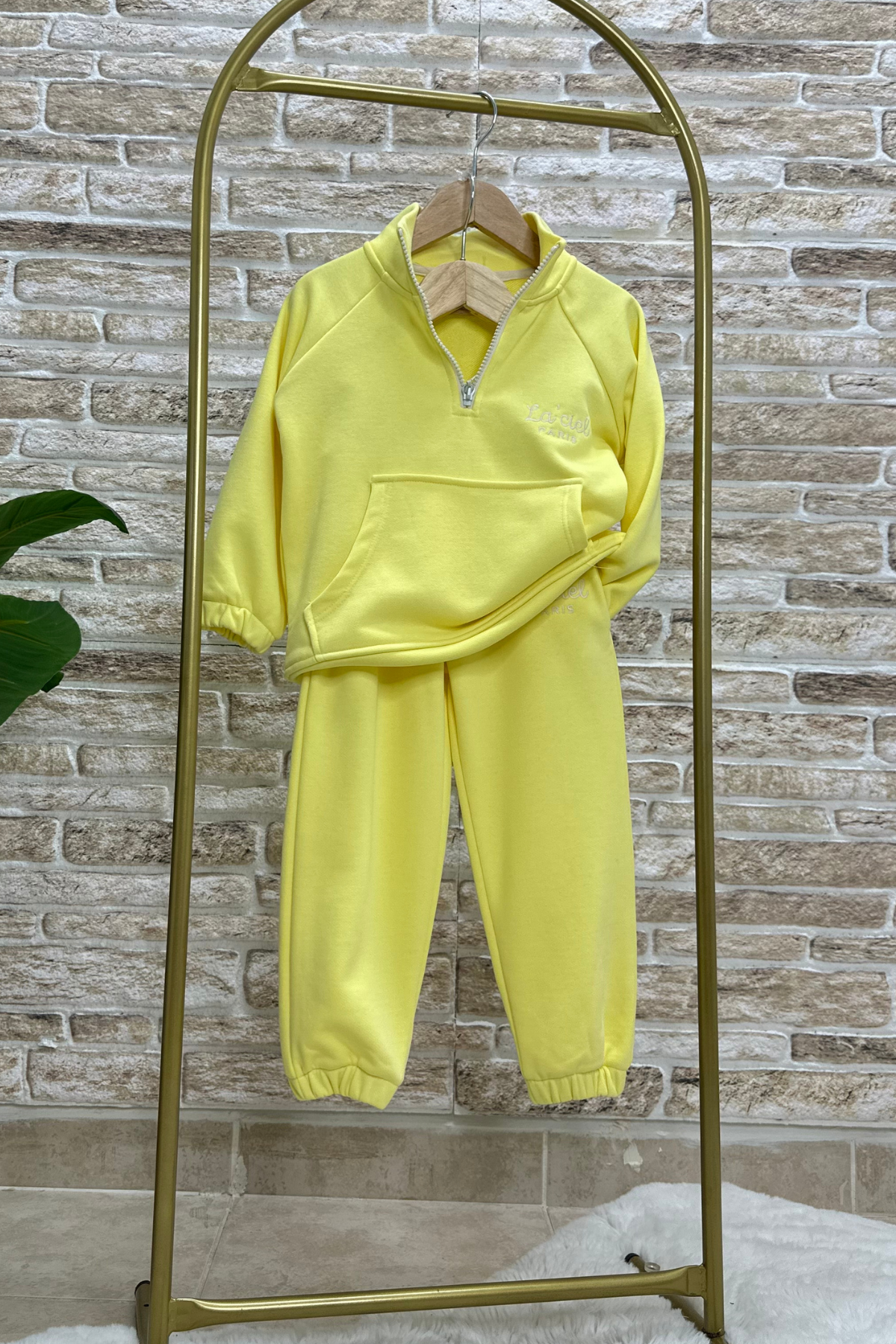 Unisex Çocuk 3 İplik Sarı Yarım Fermuarlı İkili Takım