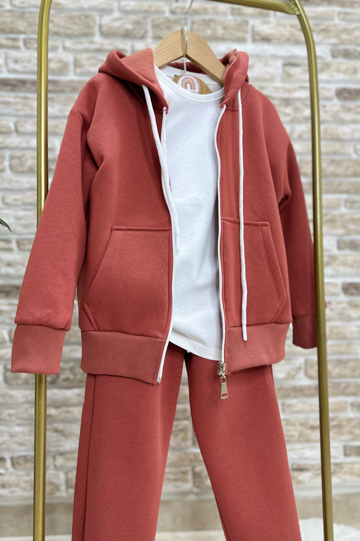 Unisex Çocuk 3 Parça Fermuarlı Şardonlu Kiremit Takım