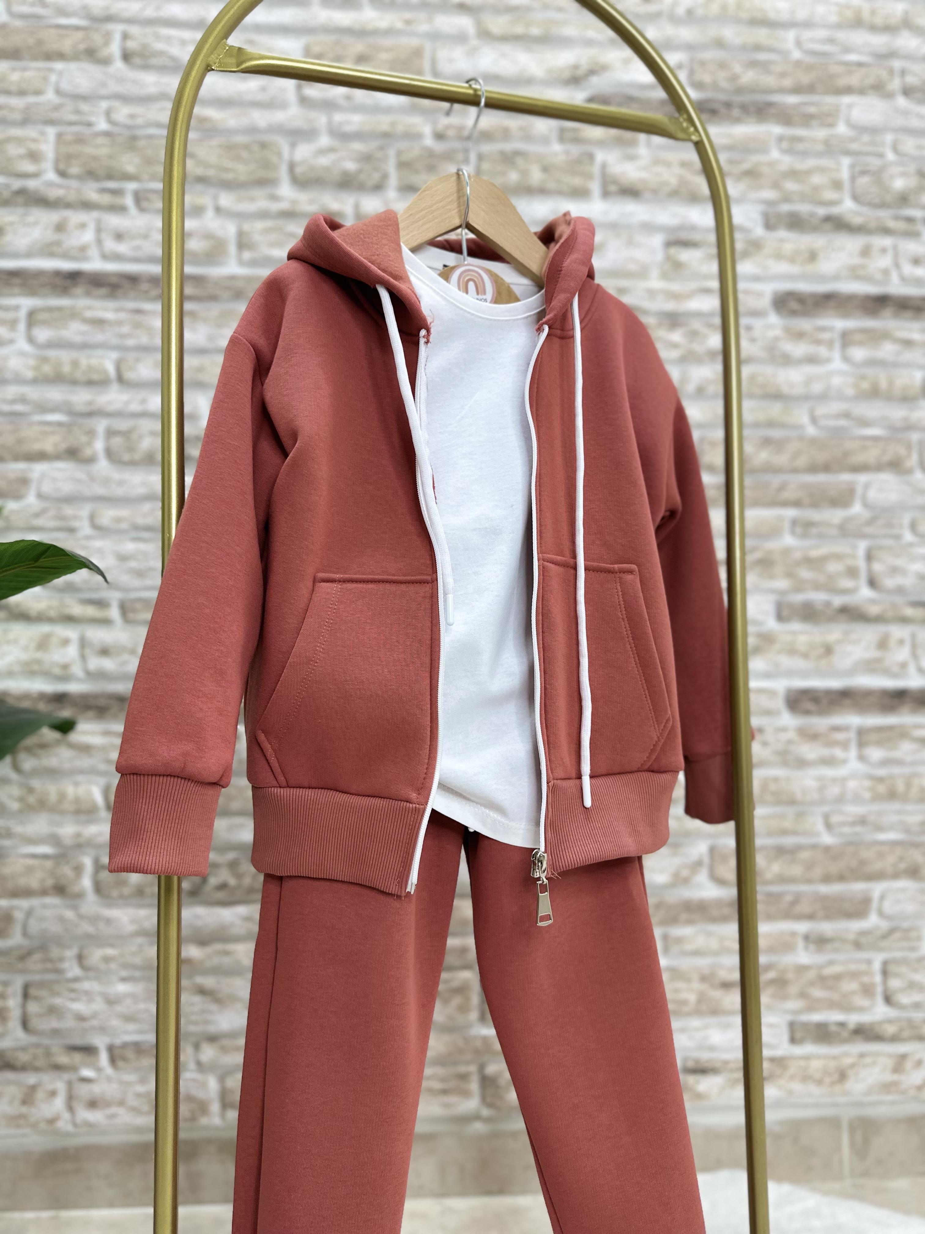 Unisex Çocuk 3 Parça Fermuarlı Şardonlu Kiremit Takım