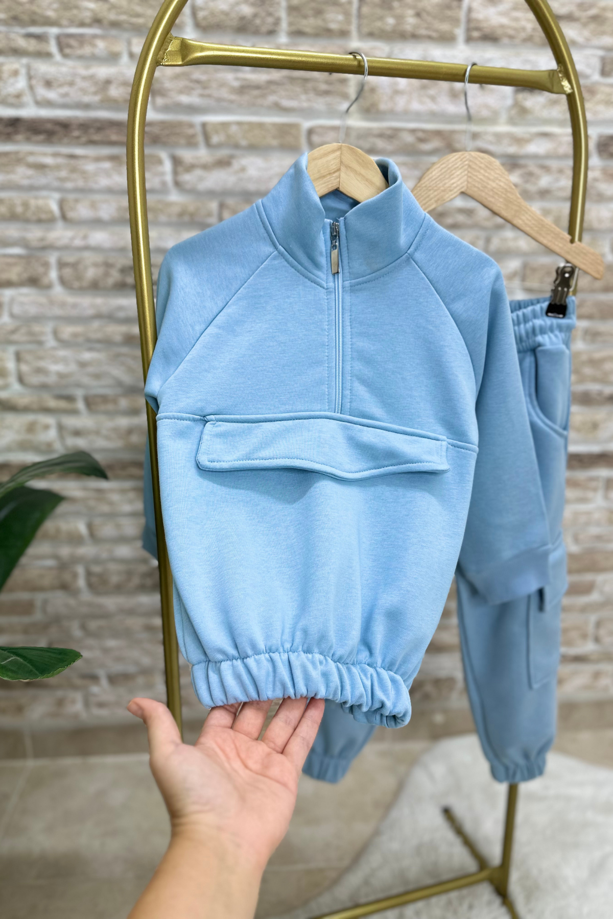 Unisex Çocuk Fermuarlı Lastikli Mavi 3 İplik Takım