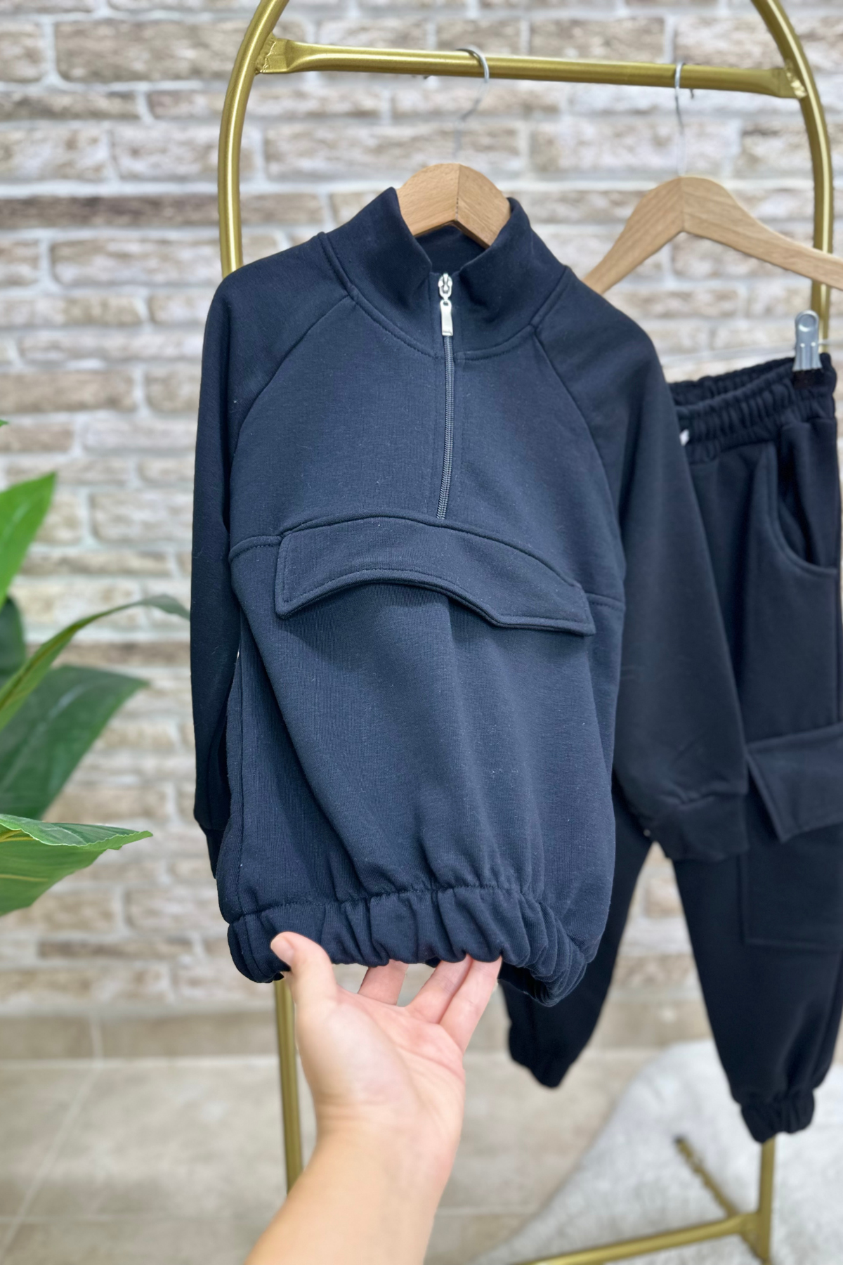 Unisex Çocuk Fermuarlı Lastikli Siyah 3 İplik Takım
