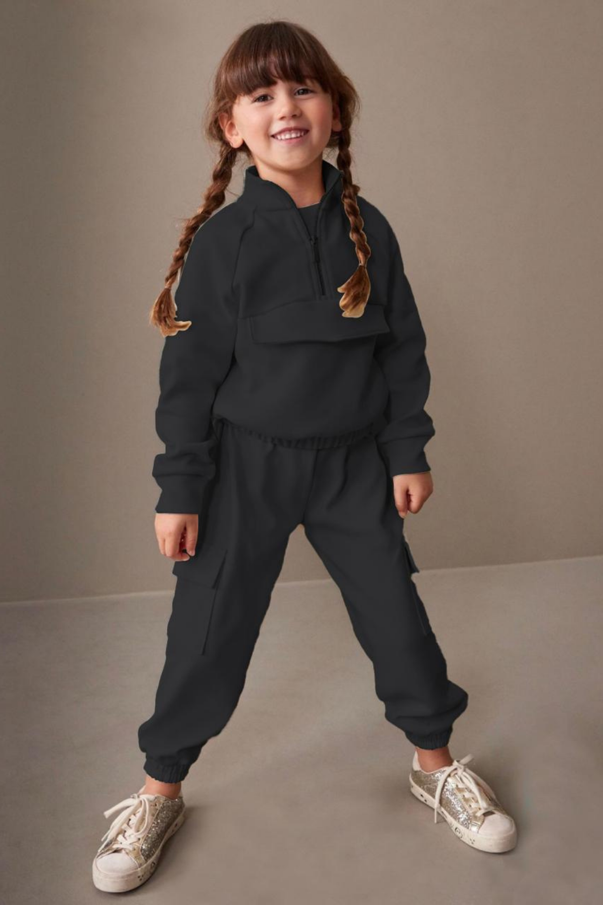Unisex Çocuk Fermuarlı Lastikli Siyah 3 İplik Takım
