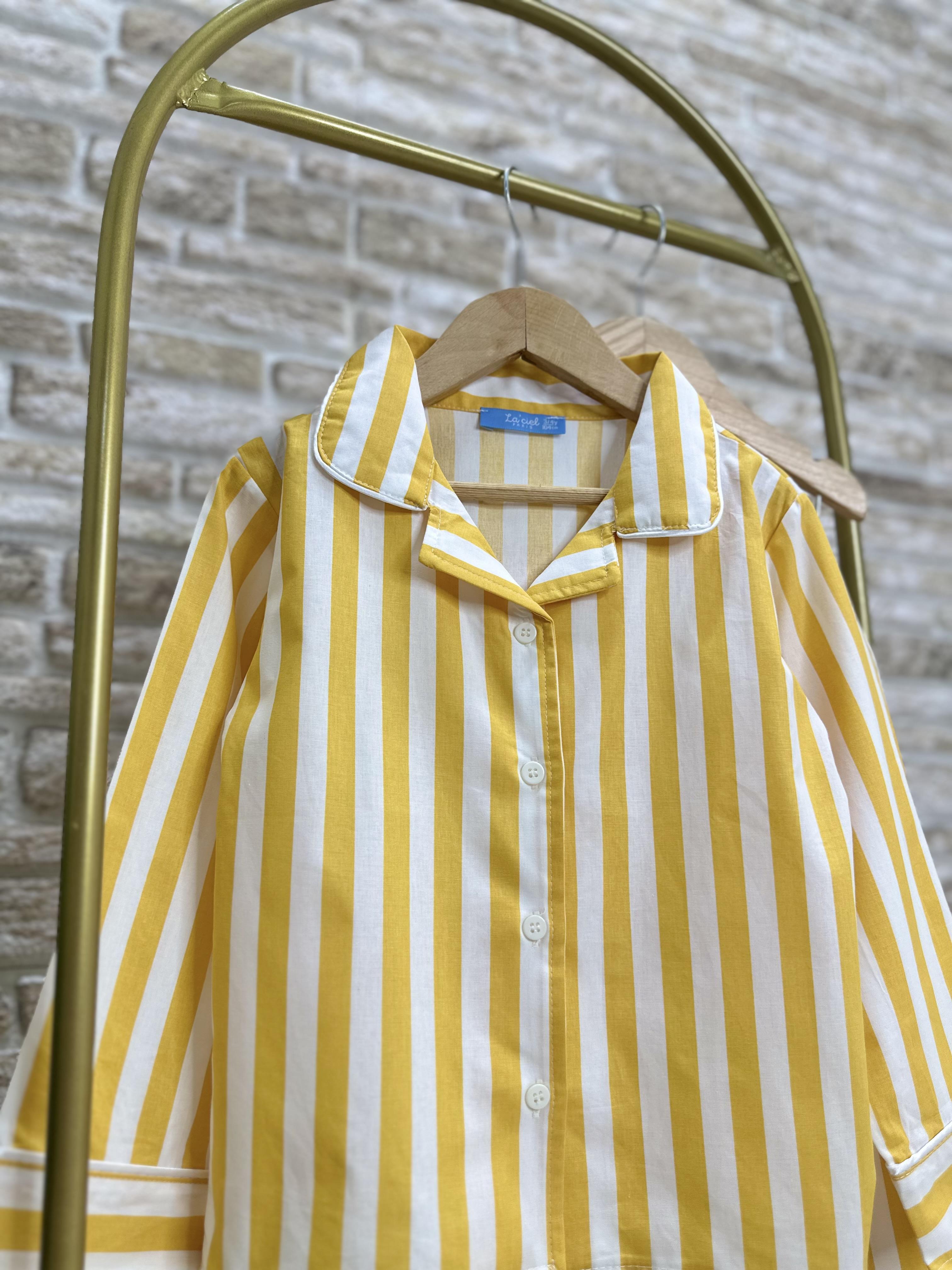 Unisex Çocuk Sarı Çizgili Çantalı Pijama Takım