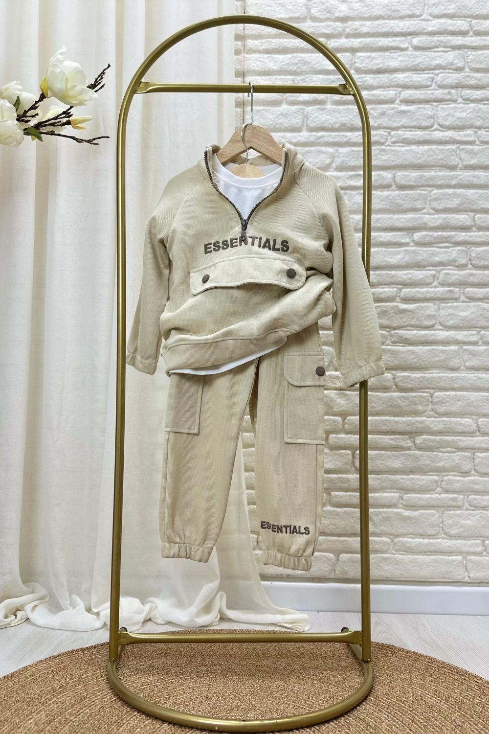 Unisex Dik Yaka Essentials  Krem  Takım