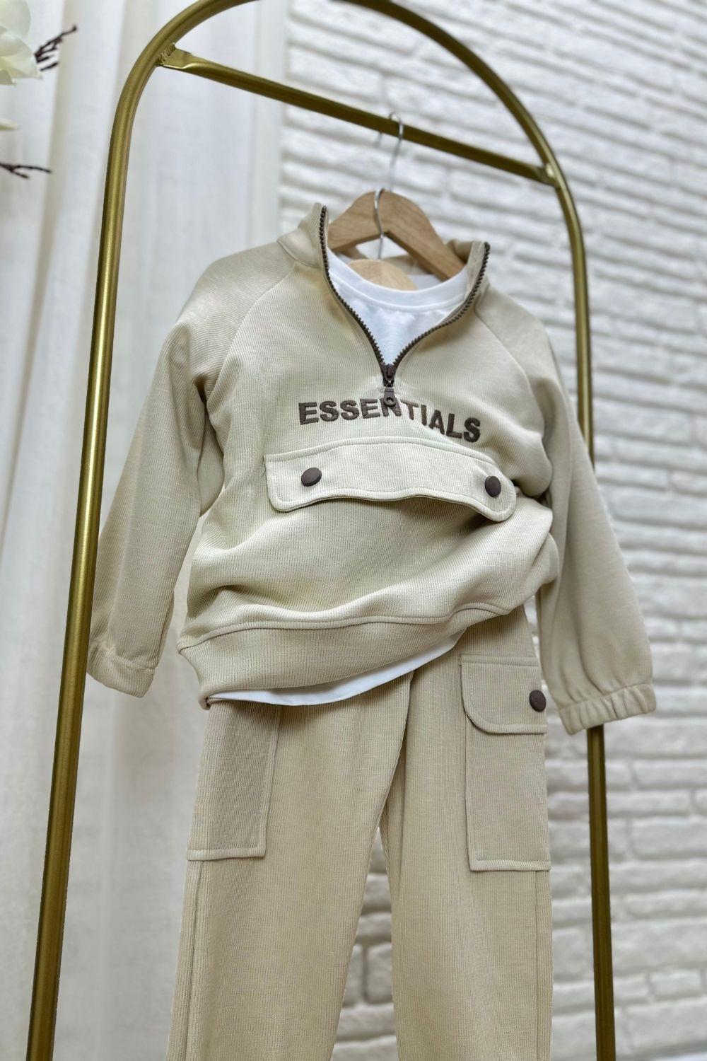 Unisex Dik Yaka Essentials  Krem  Takım