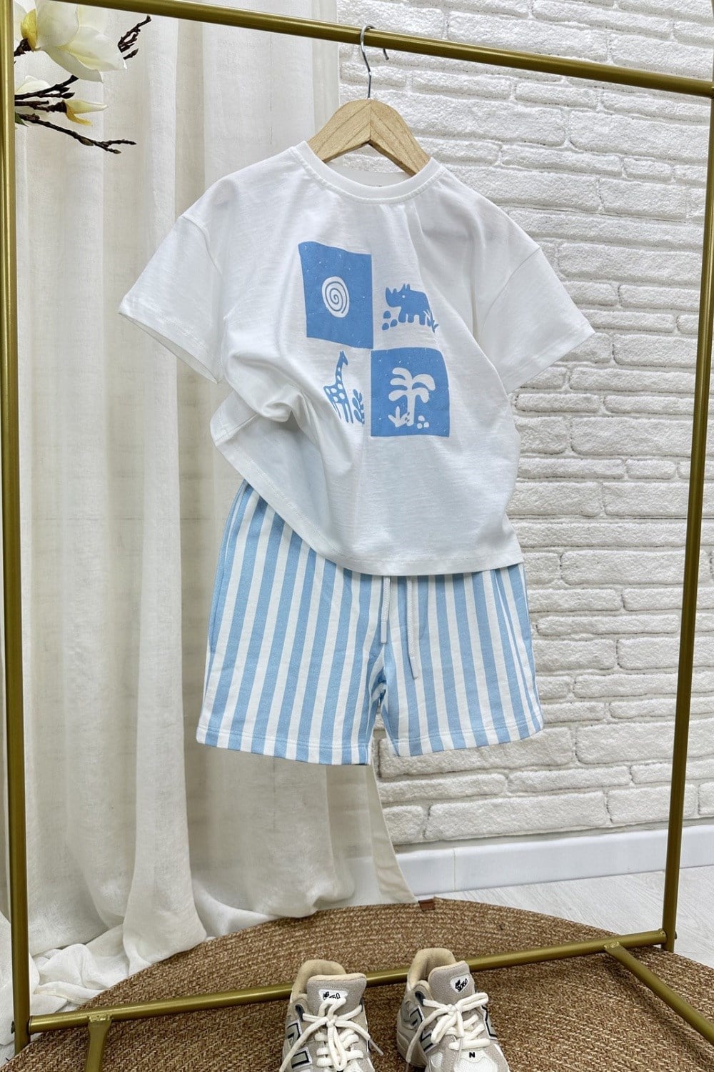 Unisex Doğa Baskılı Mavi Şortlu Takım