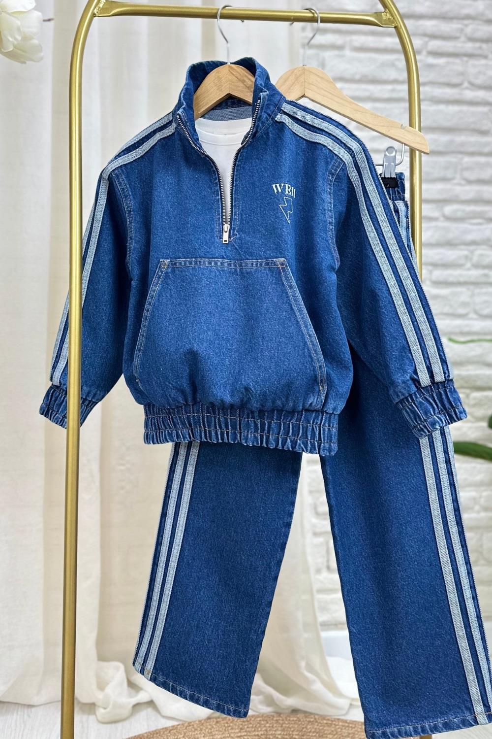 Unisex Fermualı Dik Yaka Denim Takım