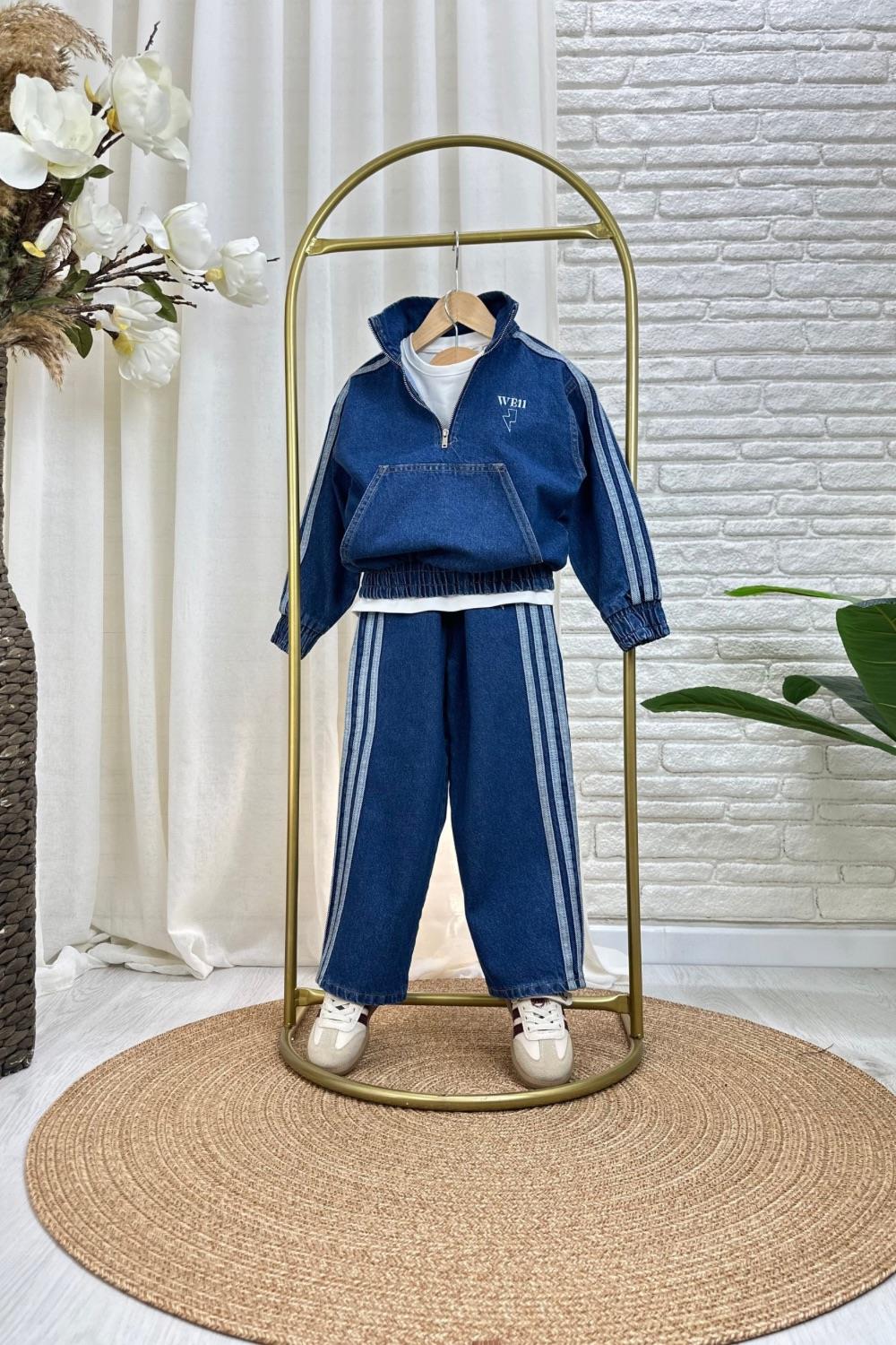 Unisex Fermualı Dik Yaka Denim Takım