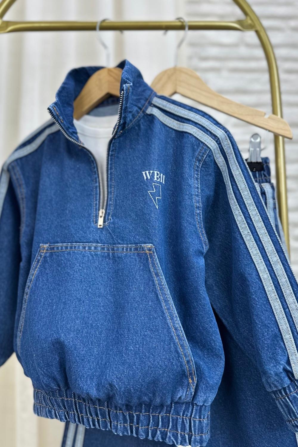 Unisex Fermualı Dik Yaka Denim Takım
