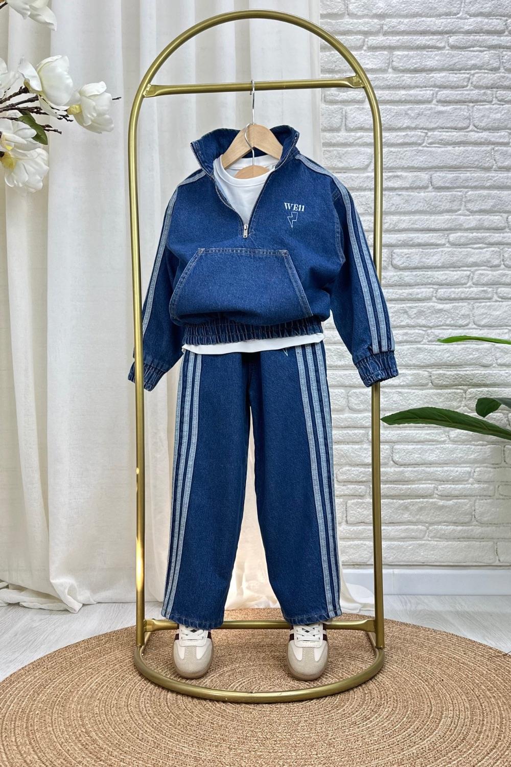 Unisex Fermualı Dik Yaka Denim Takım
