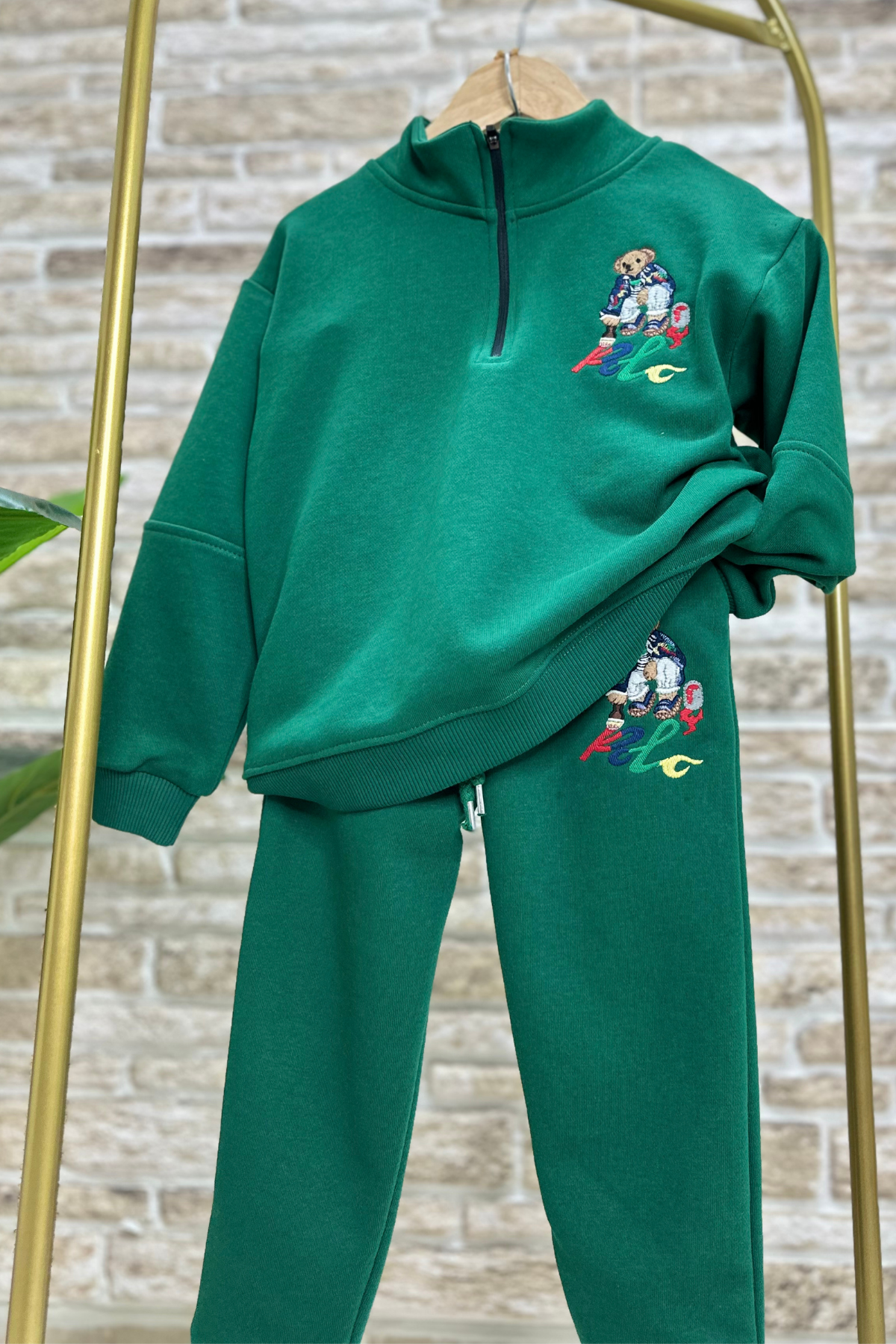 Unisex Fermuarlı Balıkçı Yaka Nakışlı Yeşil Takım