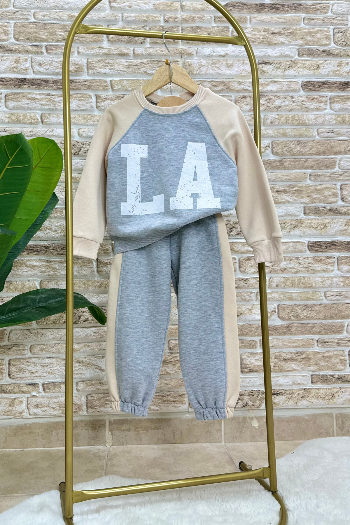 Unisex Gri Krem La İkili Takım