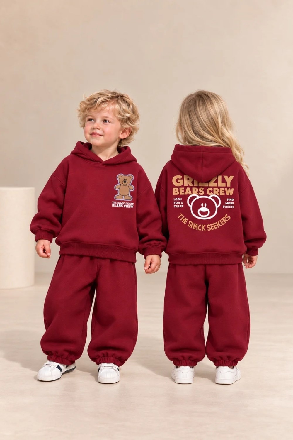 Unisex Kapüşonlu Bordo Bear Baskılı Takım