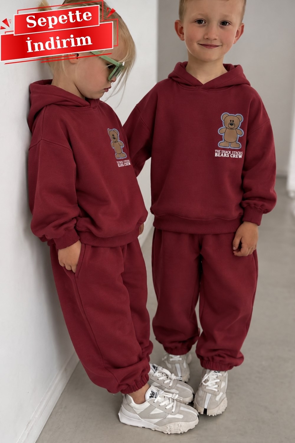 Unisex Kapüşonlu Bordo Bear Baskılı Takım