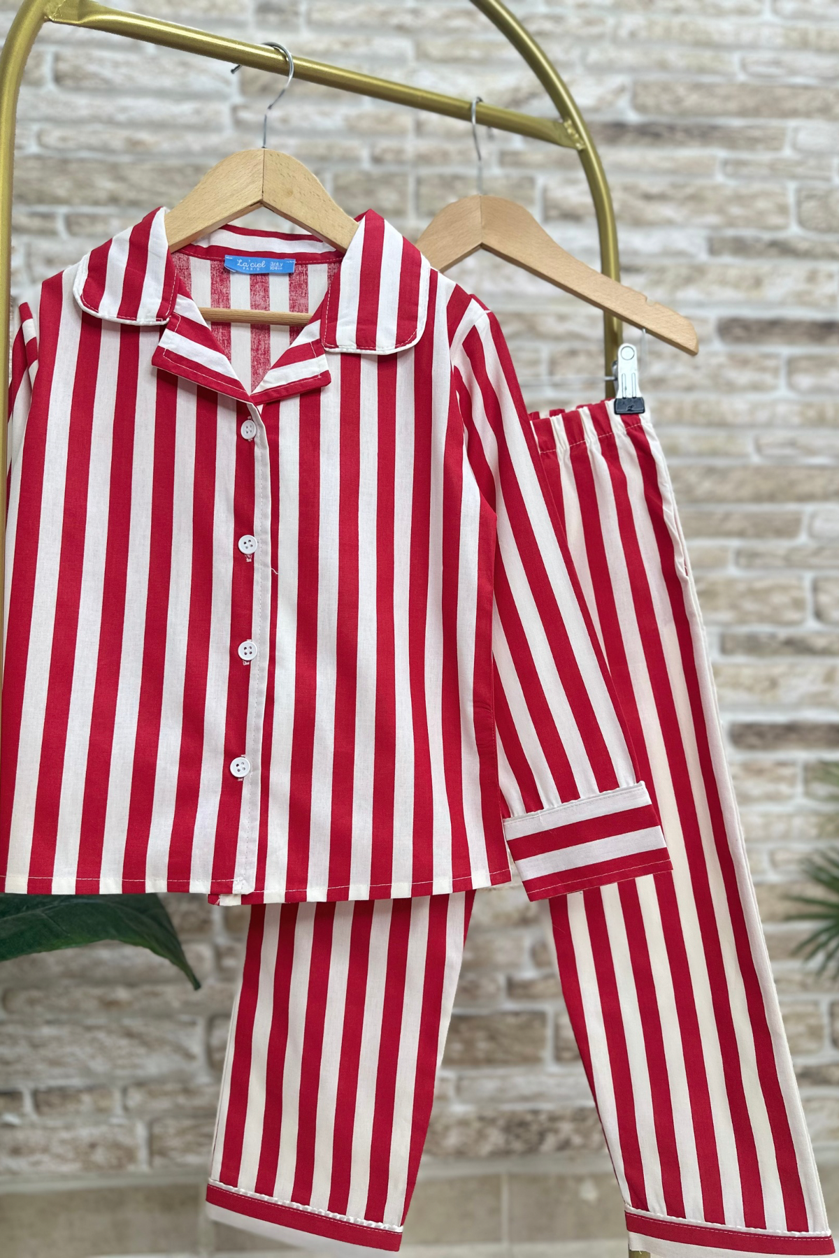Unisex Kırmızı Çizgili Çantalı Pijama Takım